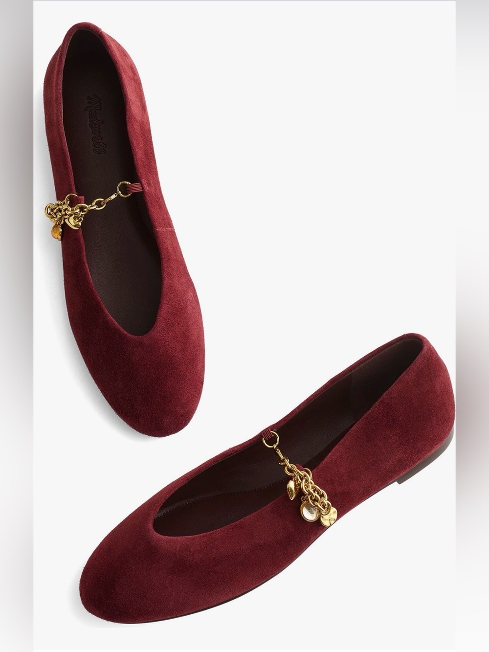 Madewell Burgundy Suede Ballet Flat with Gold Charm Chain